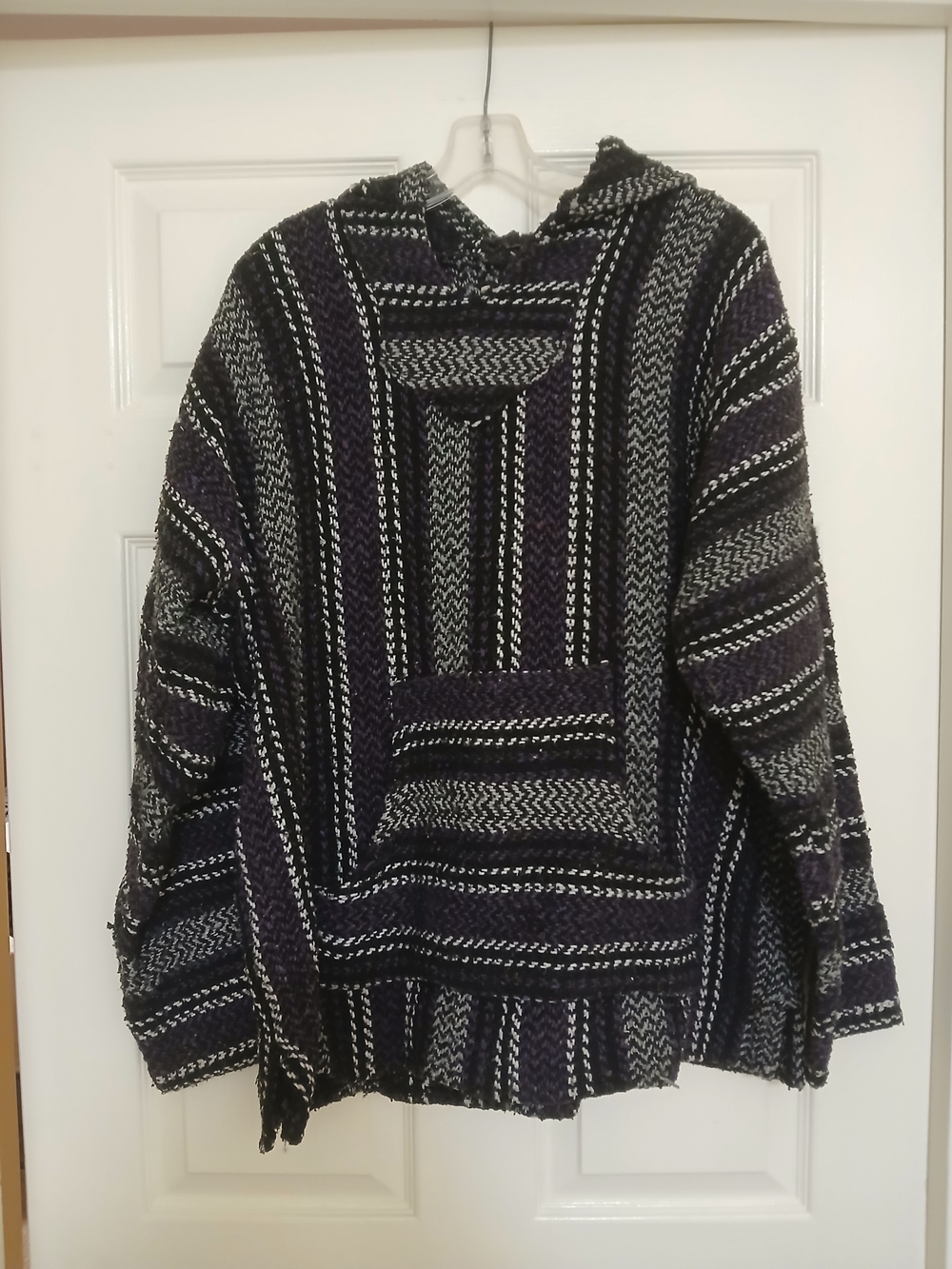 Striped Hooded Baja Sweater in Black and Gray
